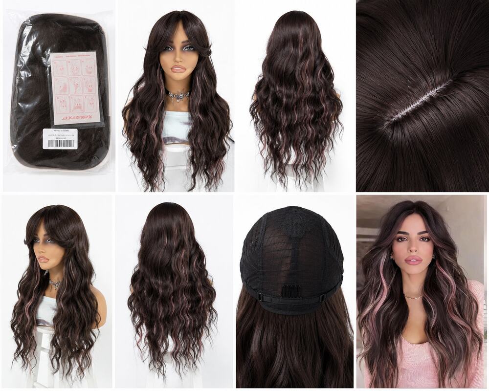 26" Long Wavy Dark Brown Wig with Pink Highlights